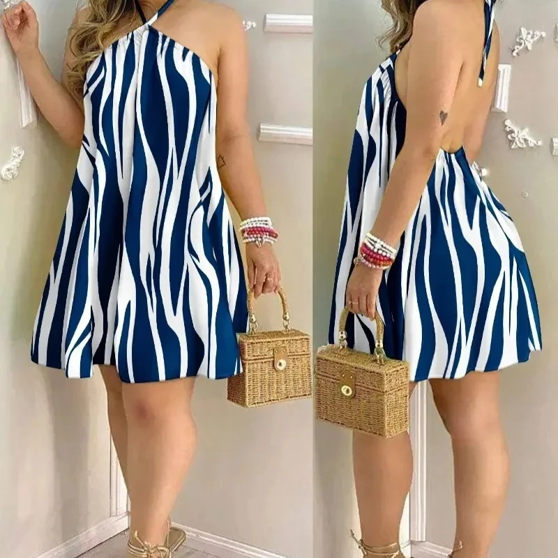 Novo vestido com estampa tropical, gola halter, estilo férias, vestido sem costas para primavera e verão, roupas femininas, ombro de fora, gravata