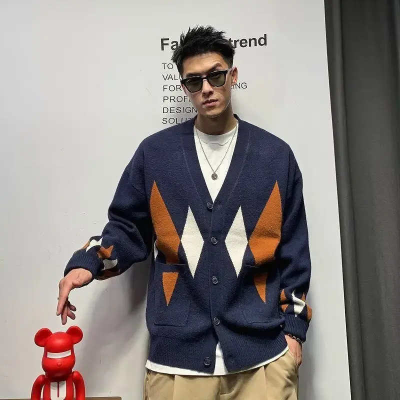 

Loose Men's Knitted V-ne Cardigan Spring Autumn Trendy Teenager Outerwear Casual Long Sve Polyester Fiber B053