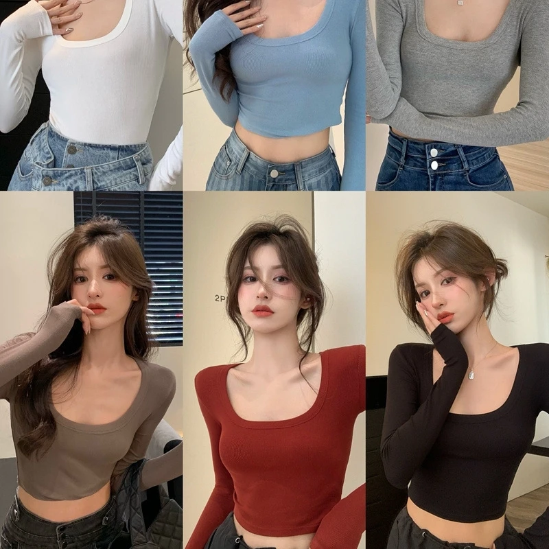 Women\'s Long Sleeve Square Neck Crop Top Ribbed Slim Fitted Knitted Tops Tees Y2K Casual Solid Cotton T-Shirt Fashion INS Tops