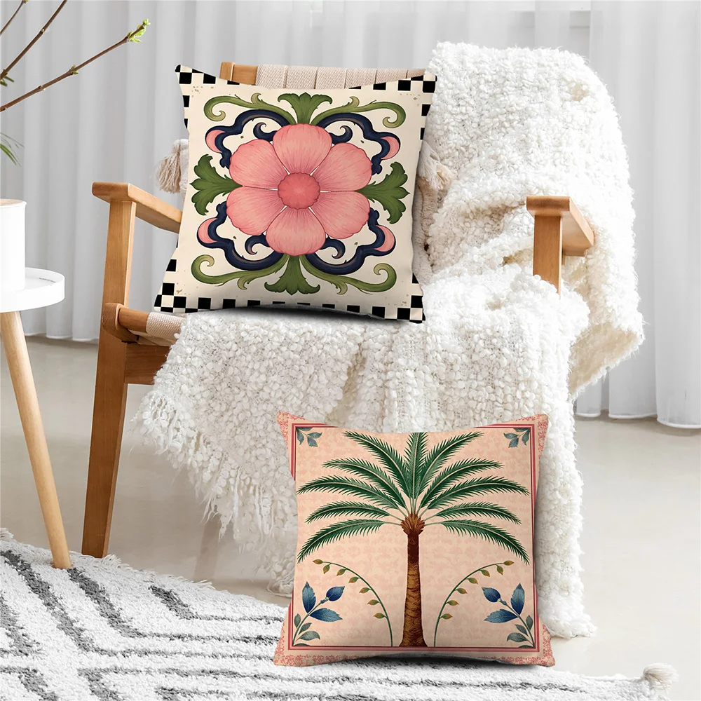 1/4pcs 2D Flat- Pink Palm Tree Arch Throw Pillow Cover, Vintage Damask Boho Cushion Case for Home Decor Home decoration