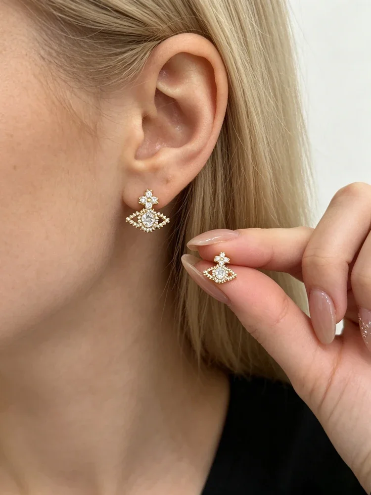 Pendientes de Saturno Chapados en Oro con Micro Pavé de Circonitas, Diseño de Planeta Minimalista, Joyería Diaria para Mujer y Niña, Regalos