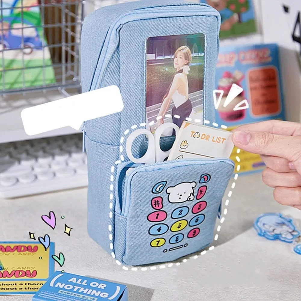 Simple Kawaii Denim Pencil Bag Large Capacity Photo Display Pencil Case Zipper Multi Layer Stationery Storage Bag Students Gift