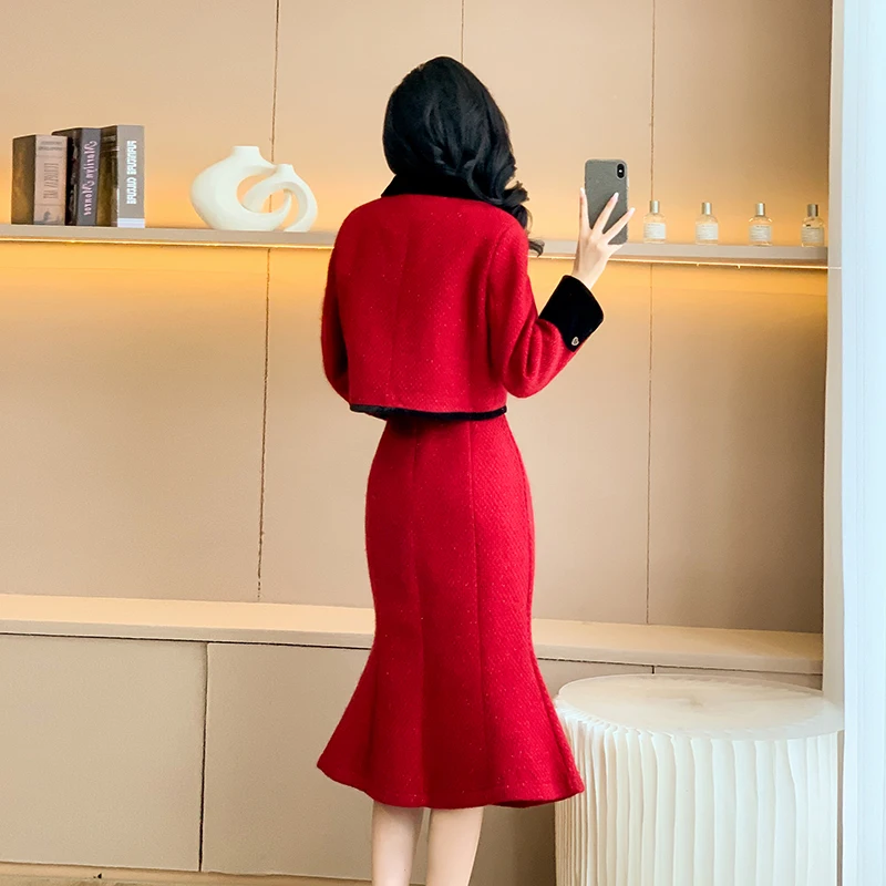 High Quality Women Autumn Winter Tweed Wool Red 2 Piece Set Fashion Vintage Short Coat Outwear+Casual Party Mermaid SKirts Sets