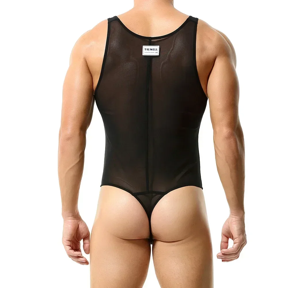 Men Erotic Seamless Jumpsuit Gay Sexy Mesh Vest T Back Bikini One Pieces Bodysuits Youth Elastic Transparent Bottom Sports Basic