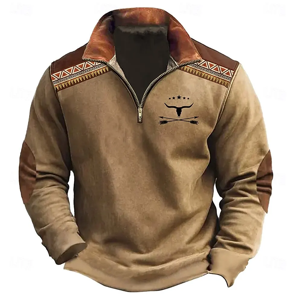Men's Simple Design Zipper Sweatshirt 3D Vintage Print Casual Comfortable Long Sleeve Pullover Autumn Fashion Cool Style Clothes