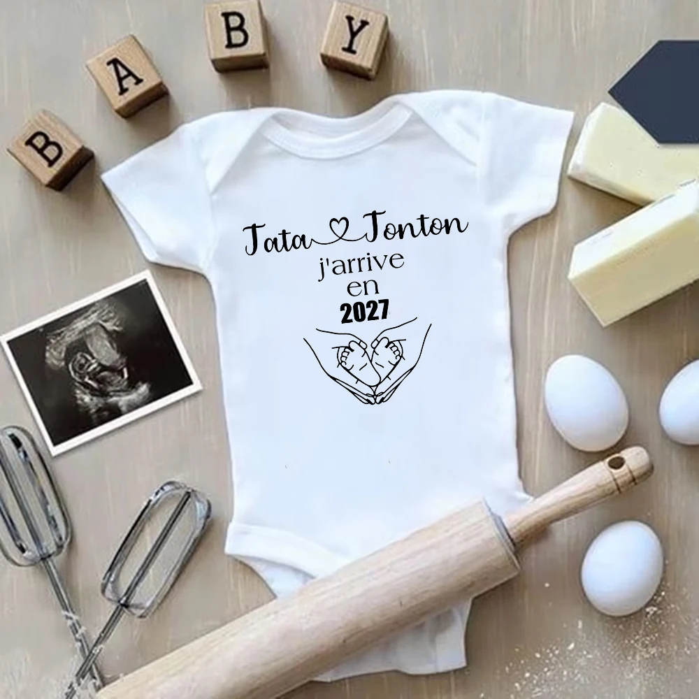 TATA TONTON J'ARRIVE EN 2027 Newborn Romper Baby Announcement Boys Girls Pregnancy Reveal Ropa Jumpsuit Outfits
