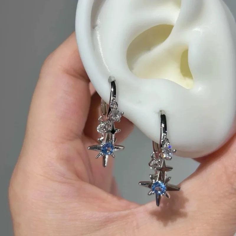 Y2K الأزرق الزركون ثمانية وأشار دلاية شكل نجمة أقراط للنساء فضية اللون ستار شرابة الأذن مشبك الحد الأدنى تصميم مجوهرات هدية #4