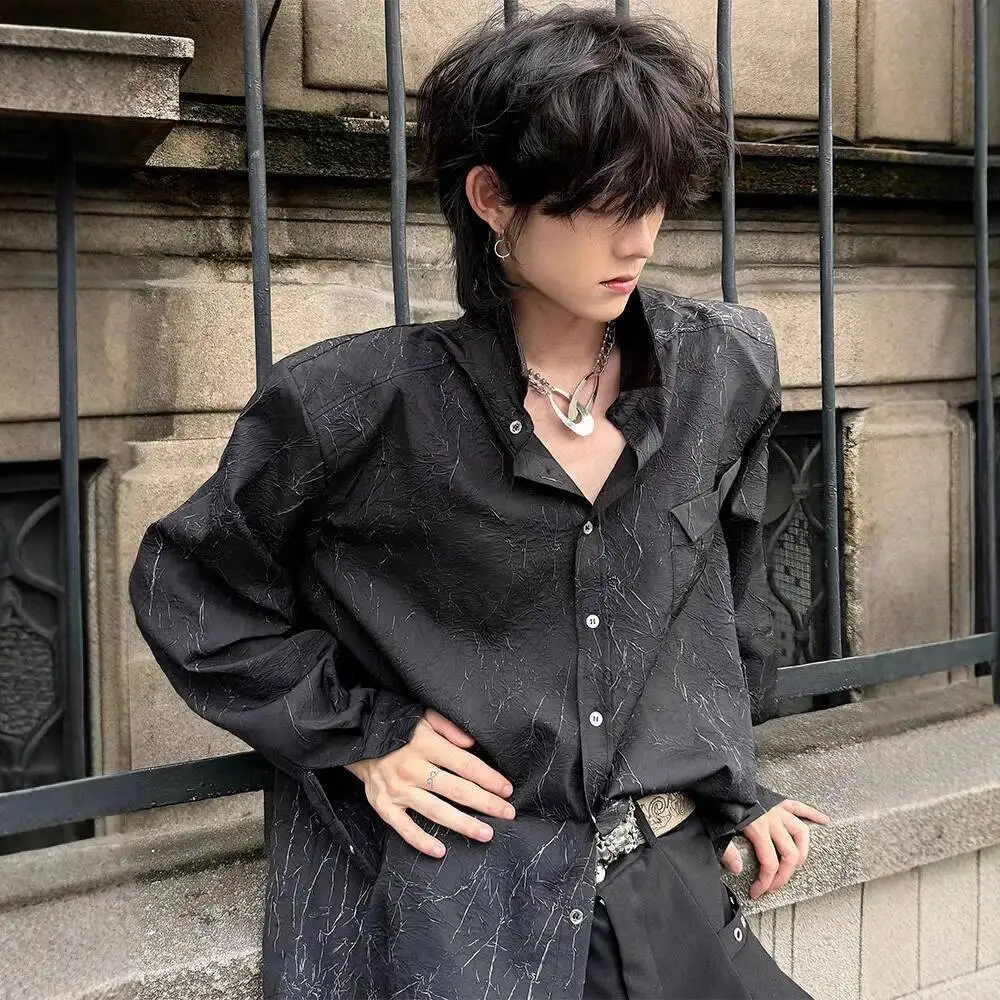 

Men's Long Sleeve Black Shirt With Shoulder Pads 2026 Spring Niche Textured Crackle Design High End Cool Loose Shirt Jacket