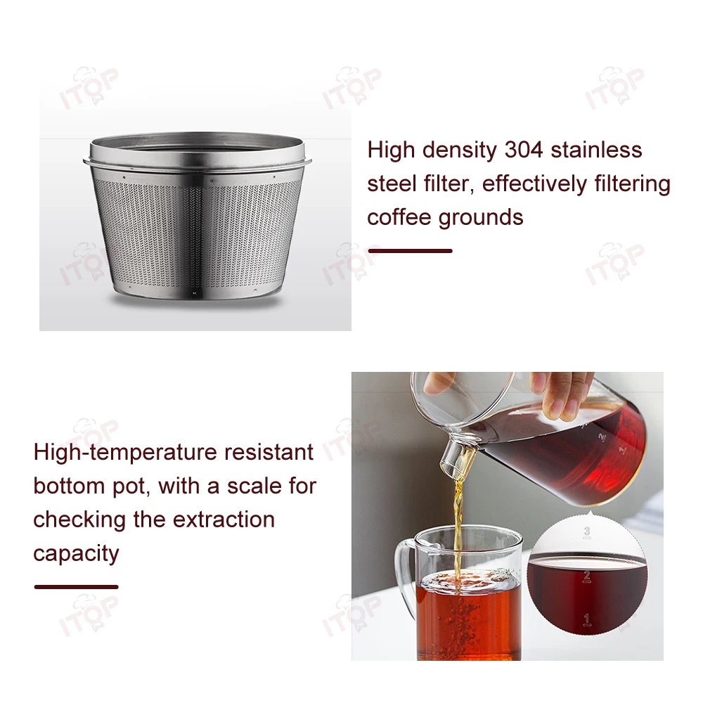 ITOP-cafetera de hielo con filtro de acero inoxidable de grado alimenticio, recipiente de vidrio para compartir, 400ml