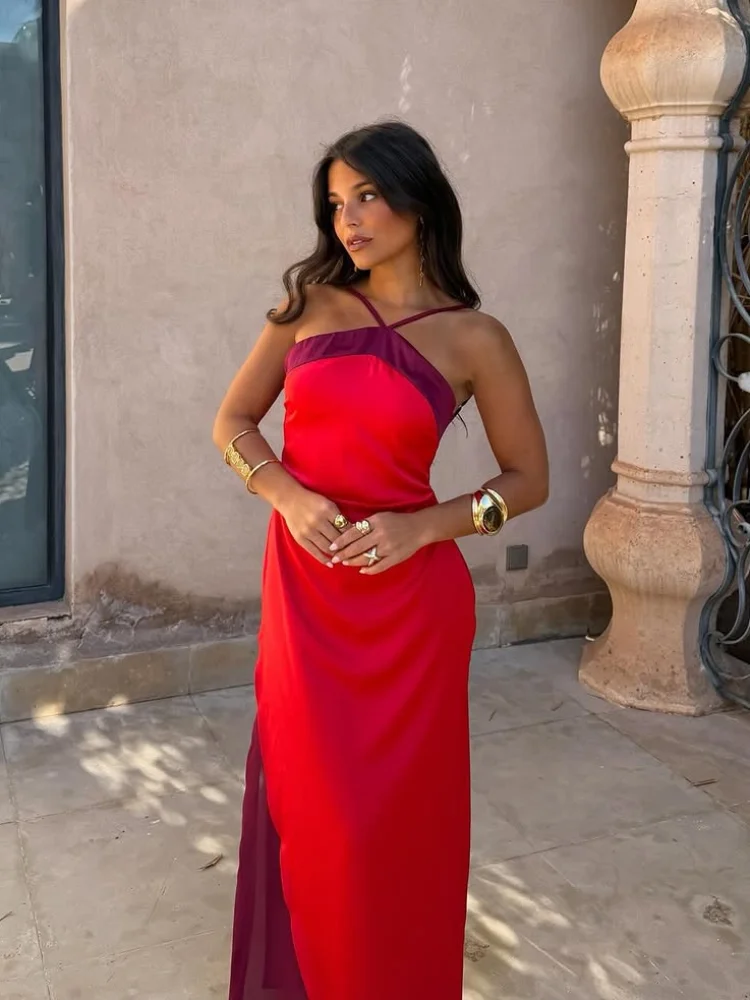 Sexy Color Blocking Halter Maxi ﻿Women Dresses Elegant Backless Off shoulder Sleeveless Slim Gowns 2026 New Lady Party Vestidos image 2