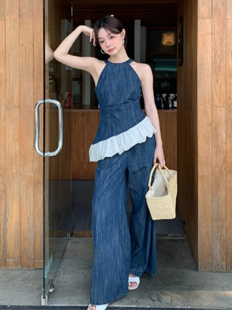 

Elegant Denim Splice 2 Piece Sets Women Outfit Summer Clothing Women 2026 Sleeveless Vest Top Straight Jeans Pant Sets Tracksuit