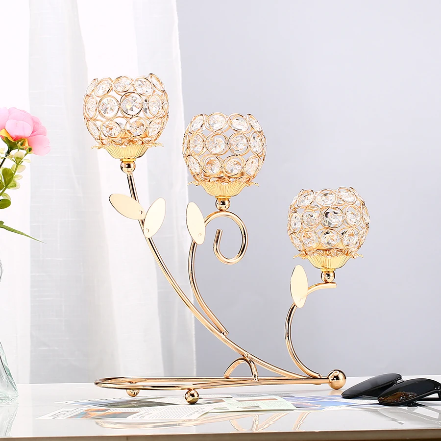 1pc 3 Arms Golden Metal Candle Holder Votive Candle Holder Candelabra Flower Vase, Vintage Candlestick for Table Centerpiece
