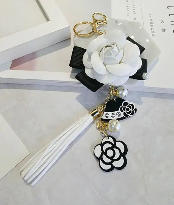 Korean Trendy Fake-Leather Camellia Keychain Long Tassel Car Hanger Bag Key Chain  Element Jewelry Pearls