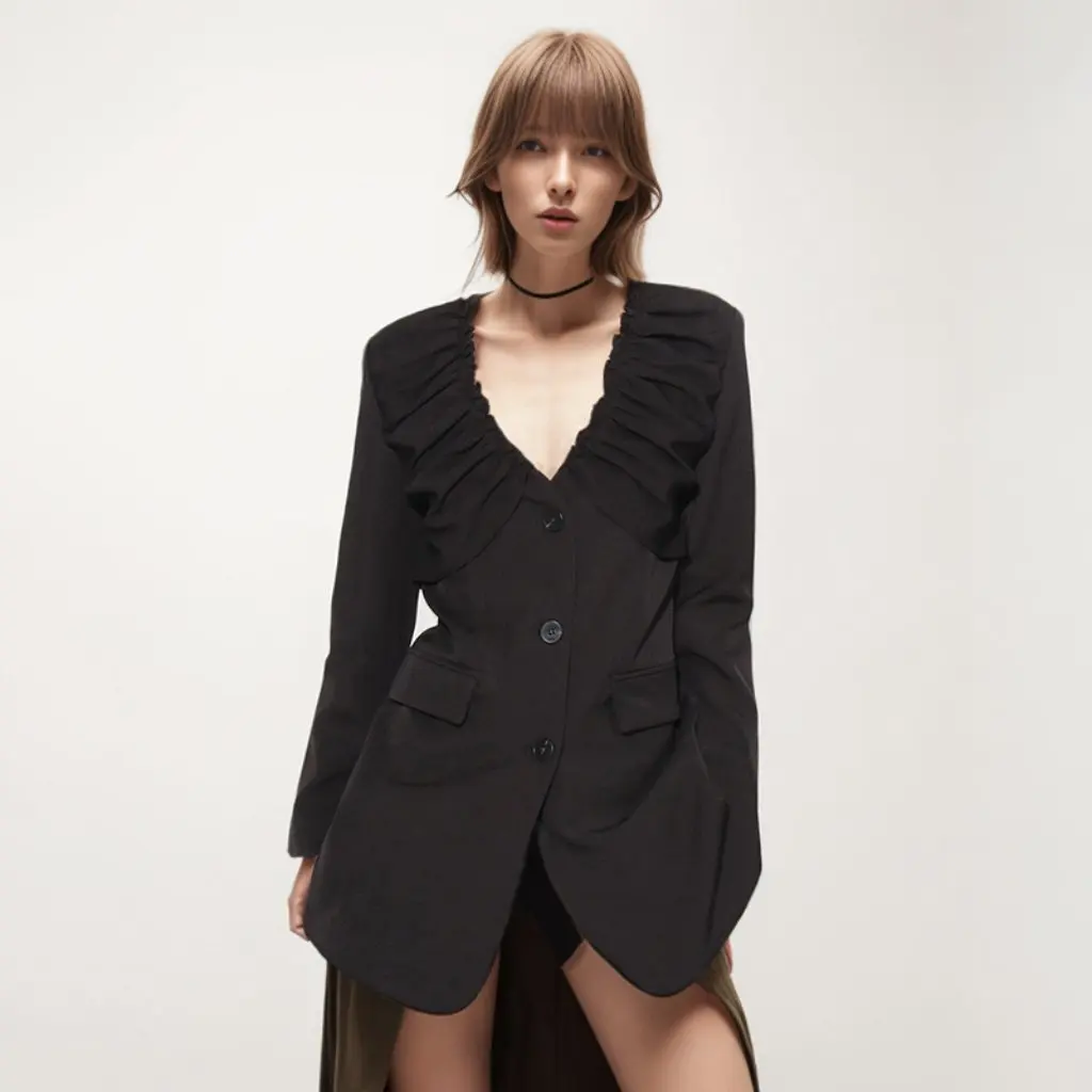 

Summer Fashion Commuter Style V-Neck Ruched Design Long-Sleeve Jacket Mid-Length Slimming Solid Color for Women