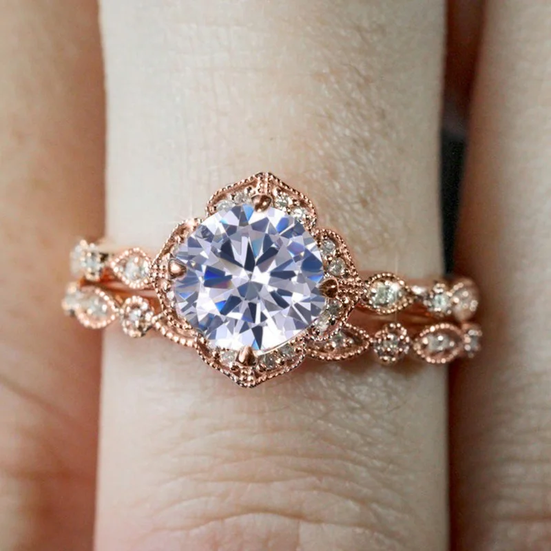 Huitan White/Champagne/Pink CZ Set Rings for Women Rose Gold Color 2Pcs Finger Rings Wedding Party Double Wear Fashion Jewelry