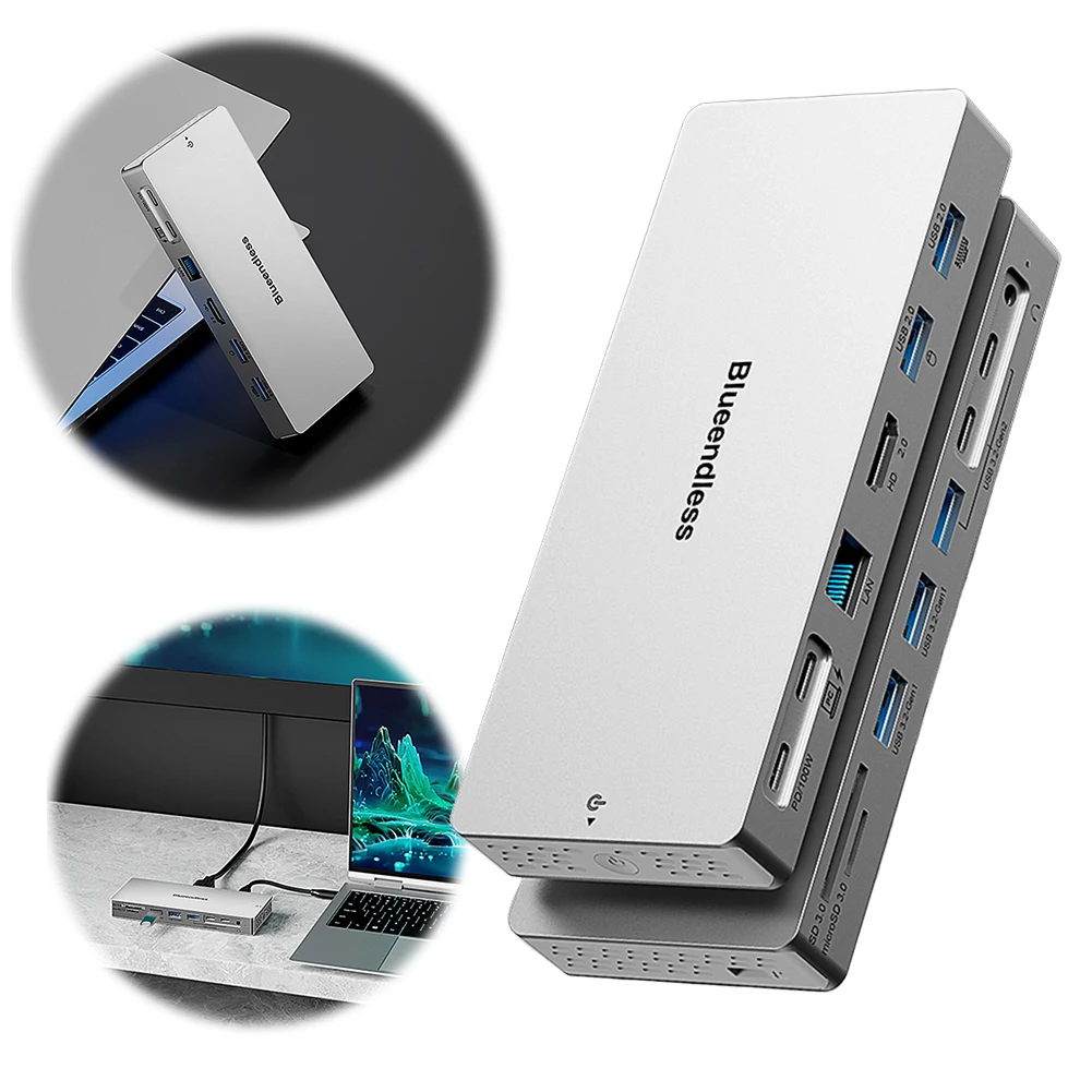 14-in-1 USB C Hub Multiport Adapter with RJ45 Ethernet 4K60Hz USB-C Dongle 1000Mbps LAN HDMI-Compatible TF/SD Card for Laptop