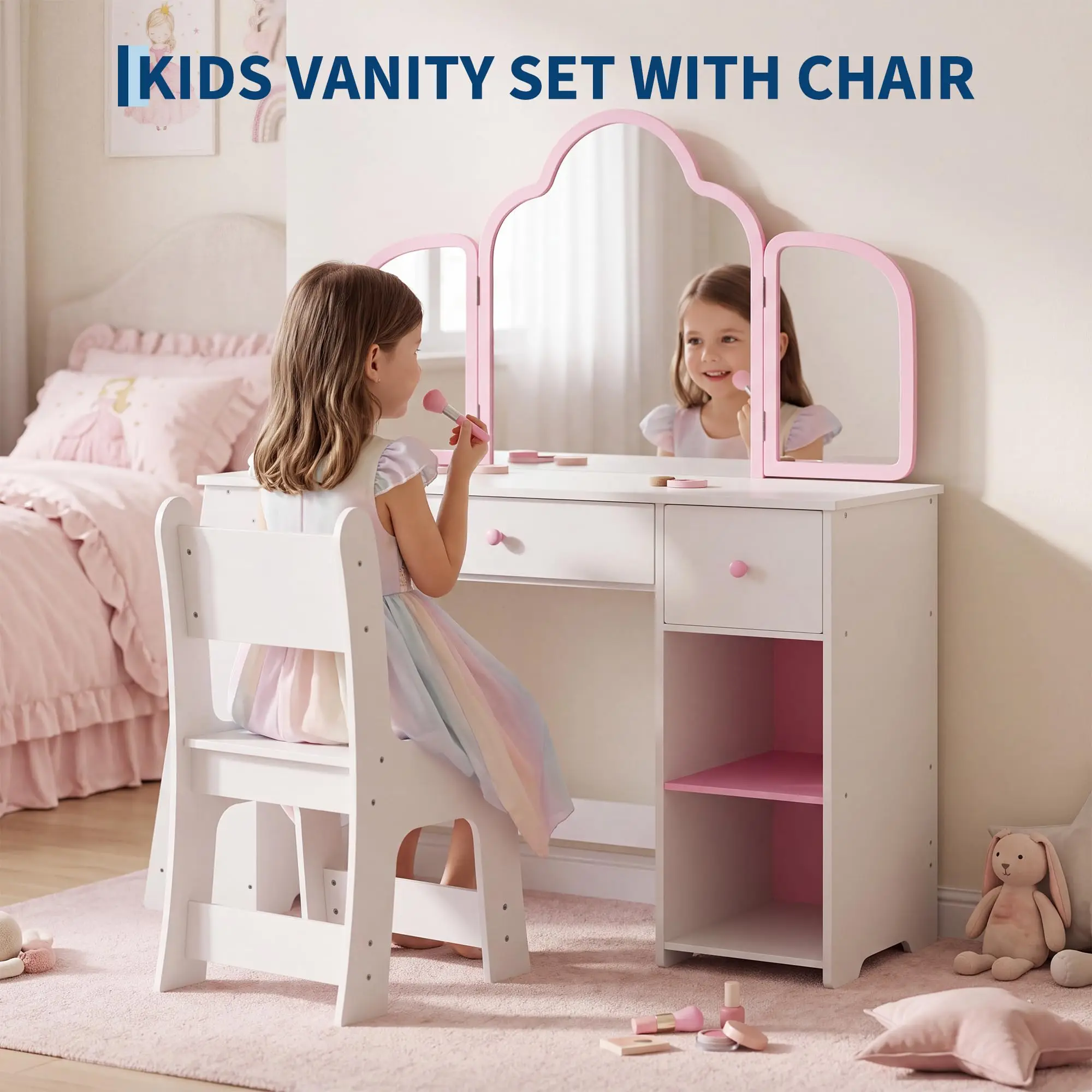 Kids Vanity Table And Chair Set With Tri Fold Mirror Princess Makeup Vanity Desk For Little Girls Toddler Wooden Dressing Table With Storage Drawer