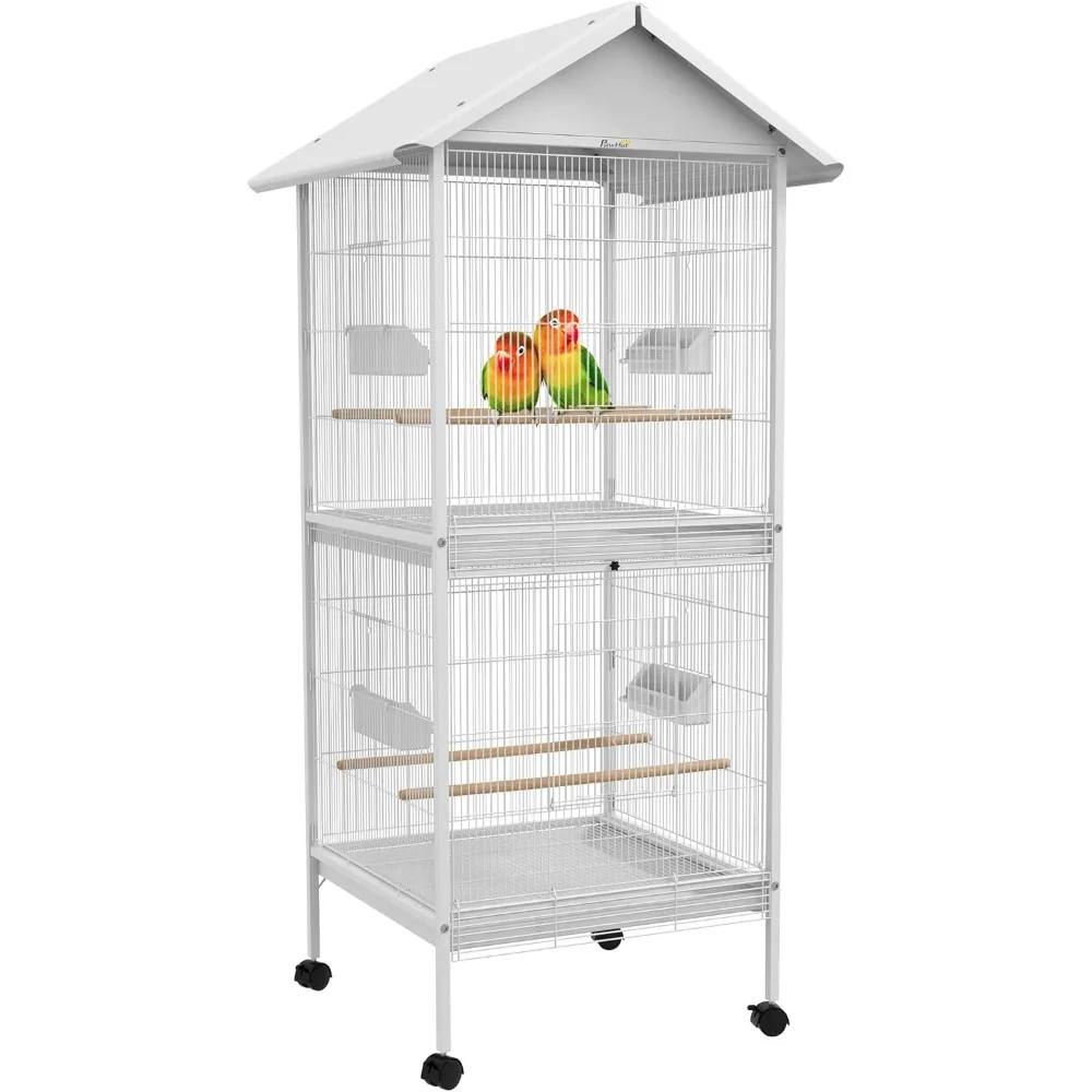 PawHut Wrought Metal Bird Cage Feeder with Rolling Stand Perches Food Containers Doors Wheels 67 H, White