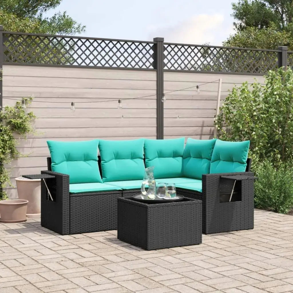 

5 Piece Outdoor Patio Sofa Set with Cushions Black Wicker Rattan Garden Furniture