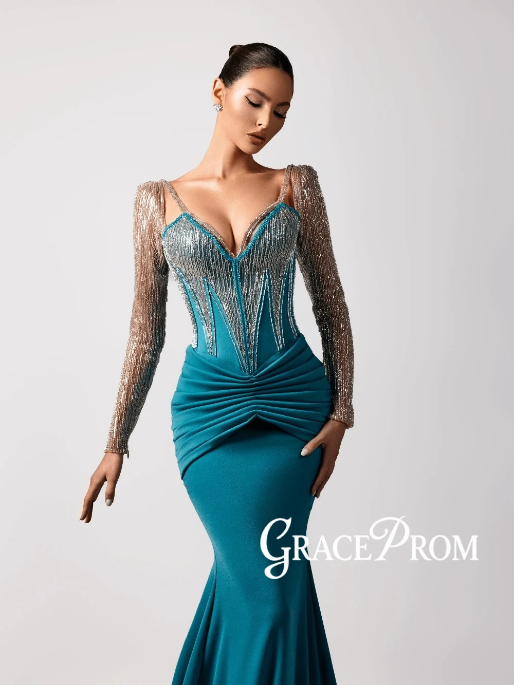 

2026 Teal Mermaid Evening Dress Long Sleeve Sequined Ruched Formal Luxury Prom Party Wedding Guest Pageant Gown Customized