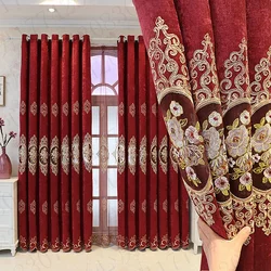 European Red Blackout Curtain Golden Embroidery Hollow Flower Drapes Sheer Tulle Curtain For Villa Living Room Office Home Decor