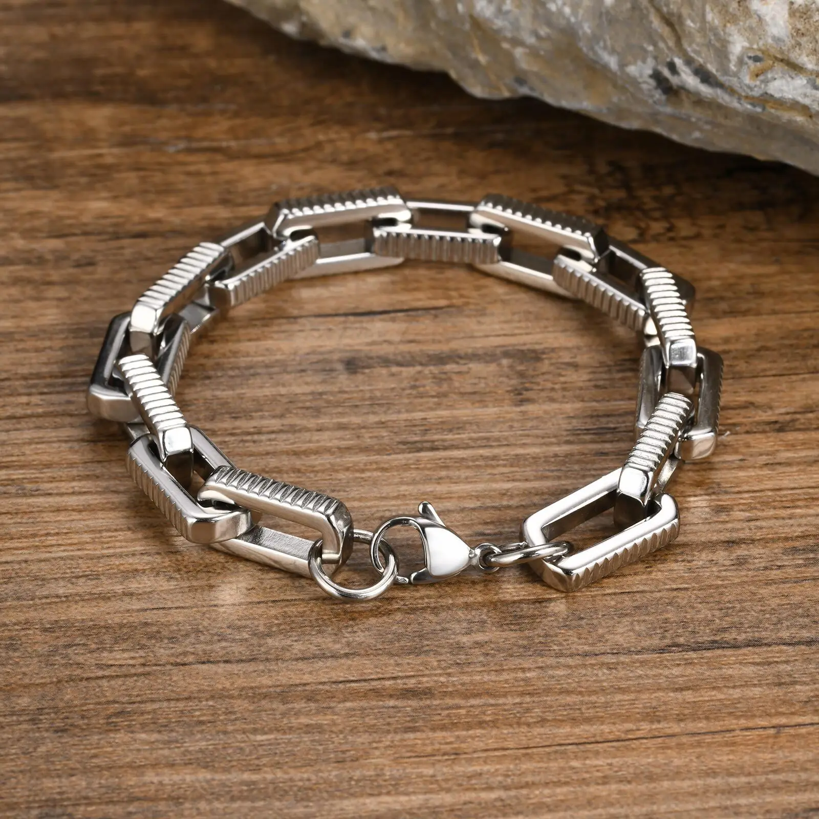Vnox Chunky Stainless Steel Handmade Link Chain Bracelets, Never Fade Stainless Steel Round Byzantine Links Wristband