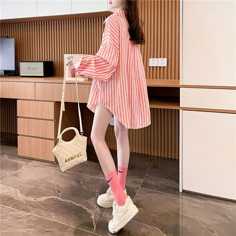 Loose Casual Striped Women\'s 2024 New Spring Autumn Spliced Polo Collar Button Pocket Fashion Loose Long Sleeved Blouses Shirts