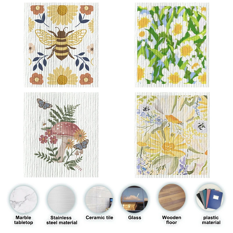 Swedish Dishcloths for Kitchen Little Bee and Flower Series 4/8/12 pack Cloths Reusable Washable Wood Pulp Fiber