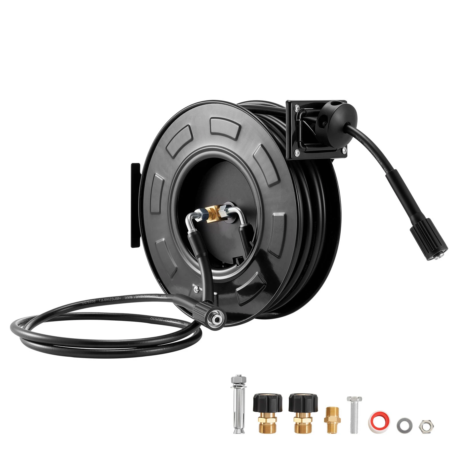 Pressure Washer Hose Reel, 60 ft x 1/4 inch Retractable Power Heavy-Duty Steel Washer Hose Reel, 4000PSI Max, Auto-Rewinding, Flexible Wall/Floor Mounted for Car Washing, Garden, Floor Cleaning