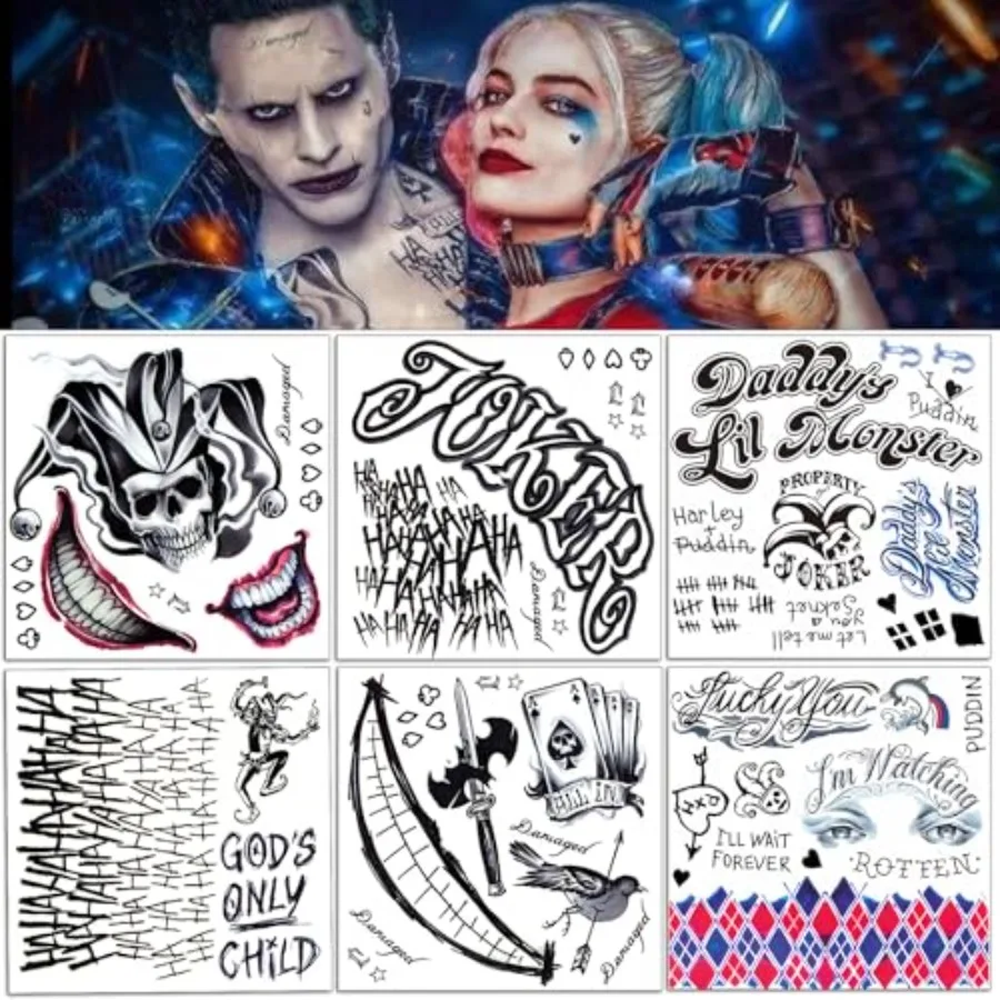 

Joker Tattoos Temporary Halloween - 16 Sheets Temporary Tattoos for Men Fake Tattoo Stickers Joker and HQ Couples Costumes Masq