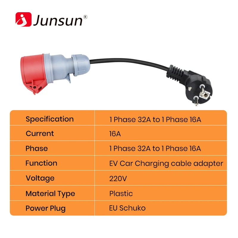 Junsun EV Charger Plug to Red CEE Power Female Plug 5 Pins Type2 Schuko Adapter Connect with 16A 3 Phase 11KW Portable Charger