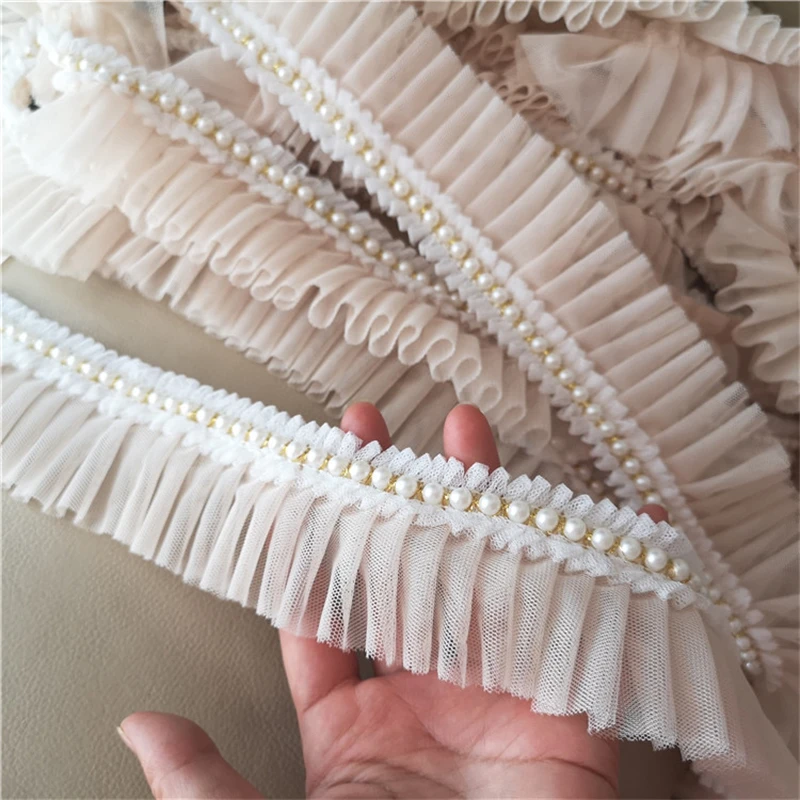 6CM Wide Double Layers Mesh Fabirc Pleated Lace Beaded Fringe Trim Ribbon Wedding Dress Garment Collar DIY Sewing Guipure Decor