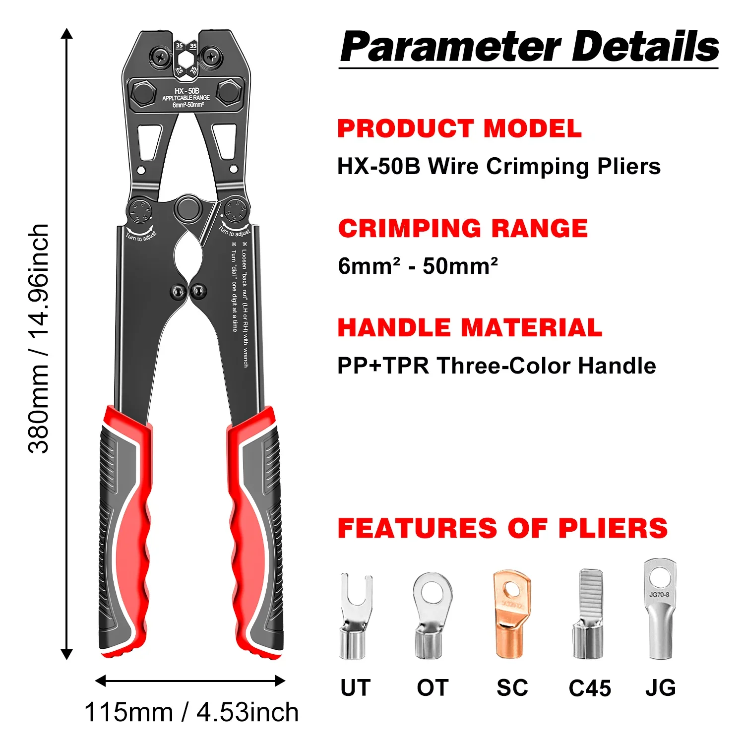 HX-50B Hand Operated Wire Terminal Crimper Pliers Electrical Crimp Tool for Copper Aluminum Cable Lugs 6-50mm²