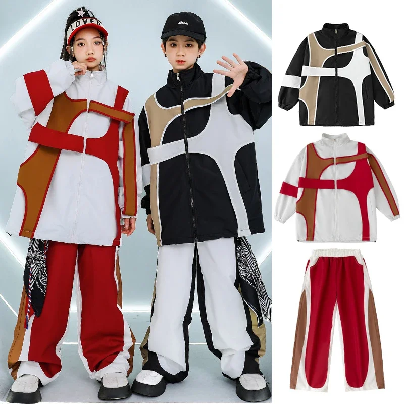 

2024 Hip Hop Costume Children's Garments Boys Street K-pop Cargo Pants Girls Show Clothes Jazz Loose Coat Red Black Set XH1302