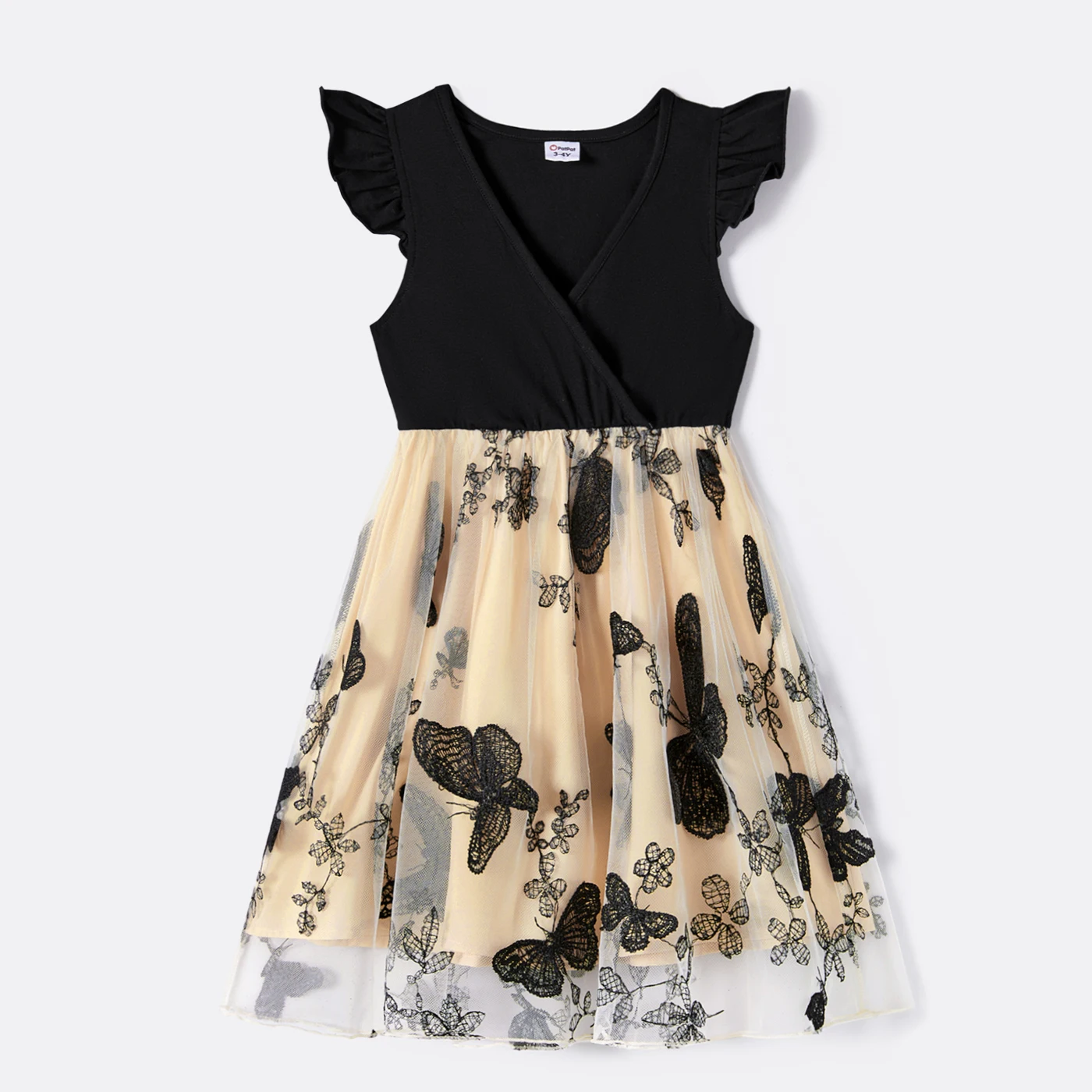 PatPat Family Matching Solid V Neck Flutter-sleeve Splicing Butterfly Print Dresses and Short-sleeve Colorblock T-shirts Sets