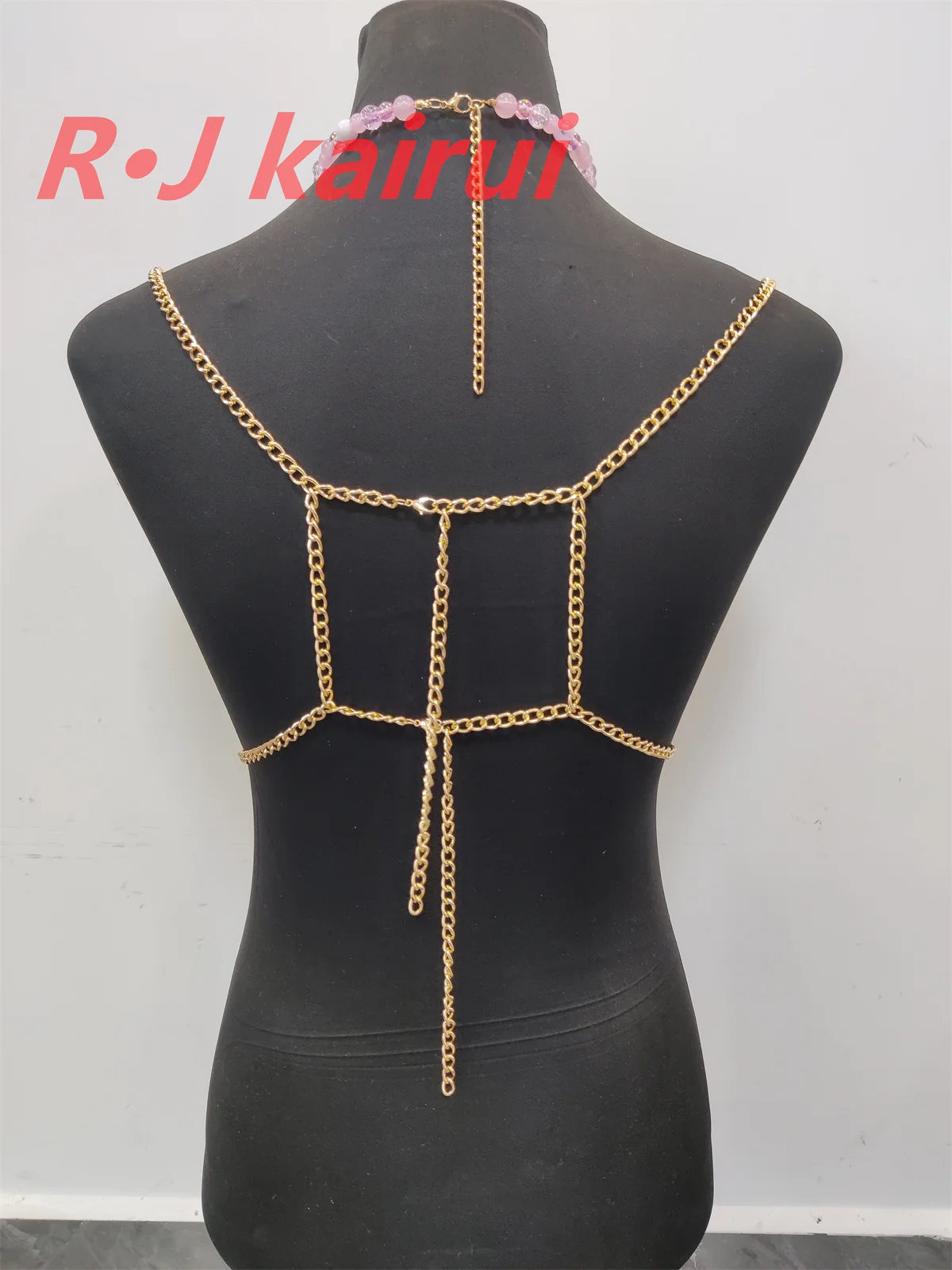 RJ Fashion Sexy Metal Acrylic Neck Body Chain Pastel Pink Beads Halter Dress Masquerade Stage Party Jewelry Accessories