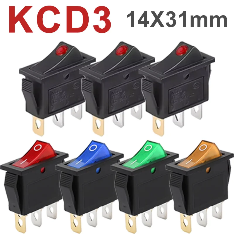 

5/20Pcs KCD3 Rocker Switch 2Pin 3Pin Electric Push Switch Power Switch ON OFF with Red Dot LED Light 14x31mm kcd3