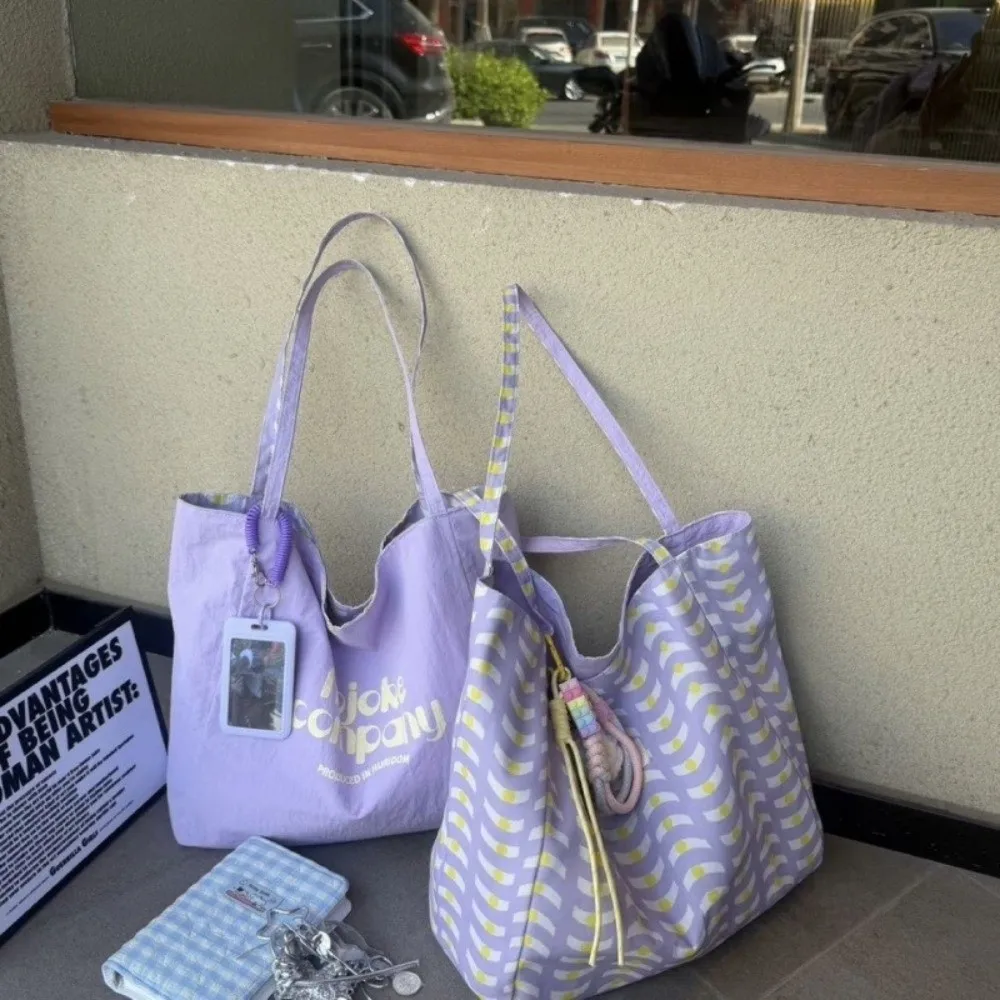 Polyester Double Sided Reversible Tote Bag Large Capacity Lightweight Plaid Shoulder Bag Dual-Side Print All-match Nylon Handbag