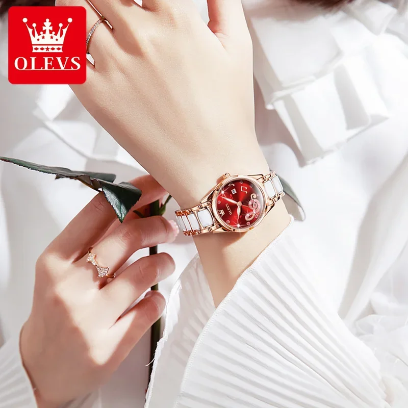 OLEVS 3605 Ceramic Strap Japan Quartz Women Wristwatch, Ceramics Luxury Fashion Waterproof Watch Women Luminous Calendar