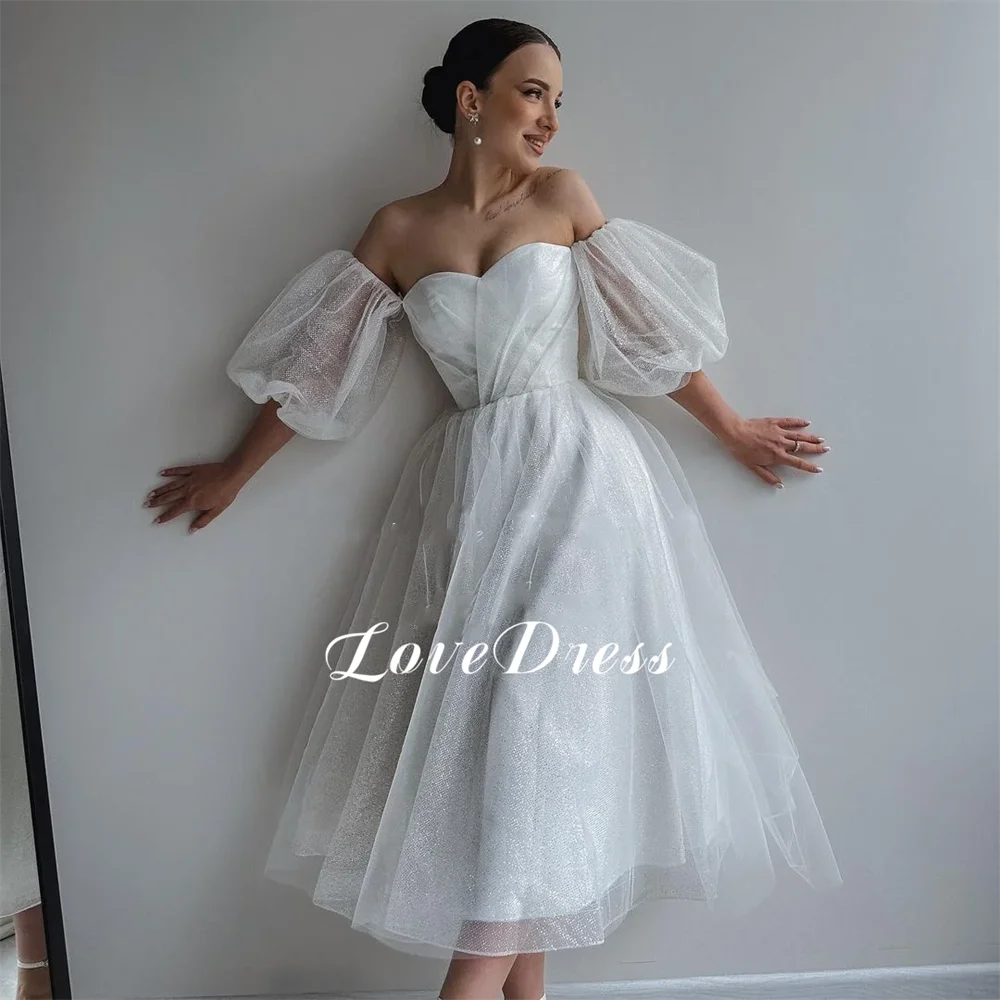 Love Elegant Tea Length Sweetheart abito da sposa in Tulle lucido squisito a-line maniche a sbuffo abito da sposa pieghettato con lacci senza schienale