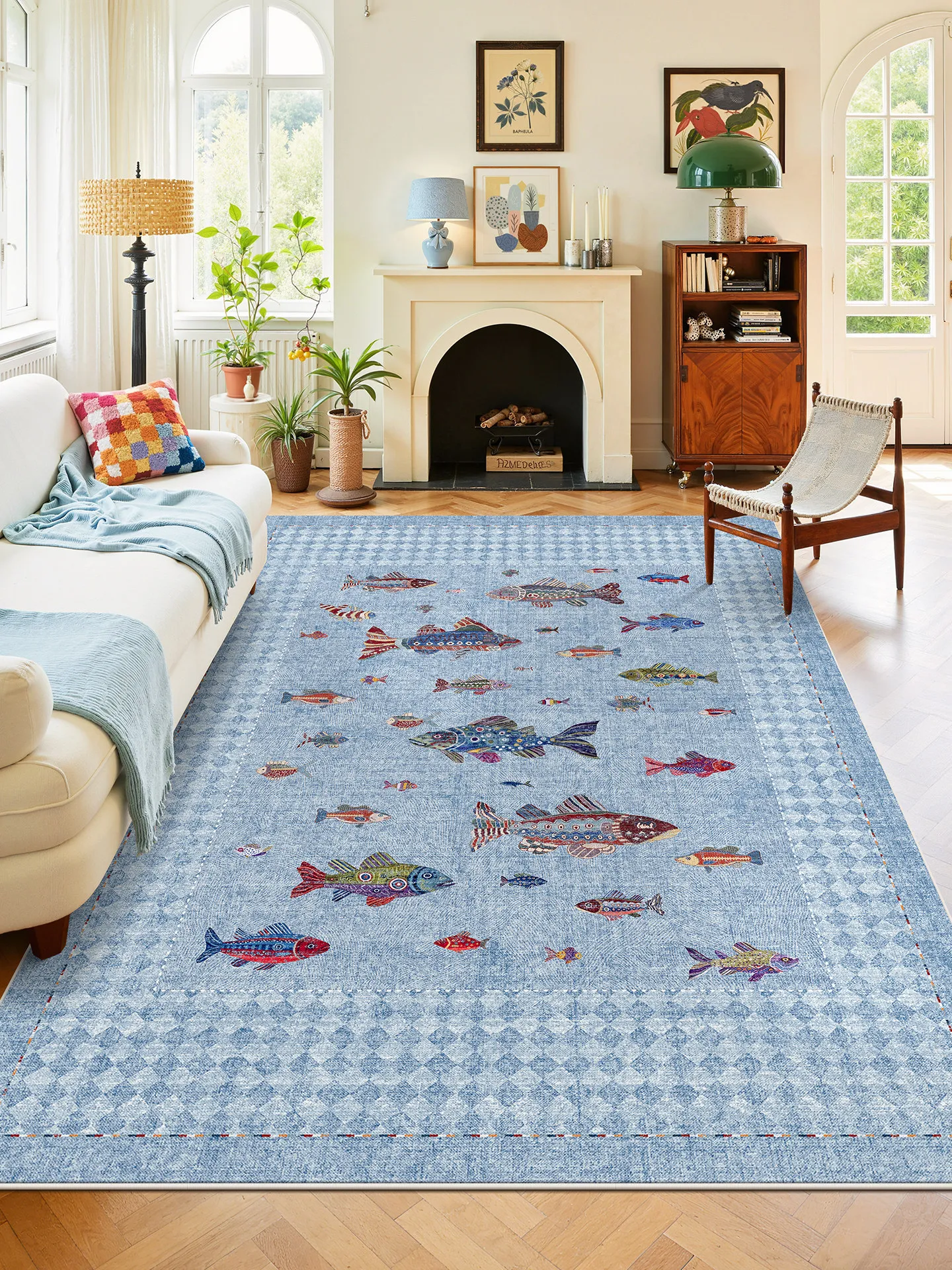 Blue Modern Carpet Living Room Cute Fish Pattern Child Room Bedroom Rug Luxury Bedside Area Rug High-end Large Home Rugs Carpet