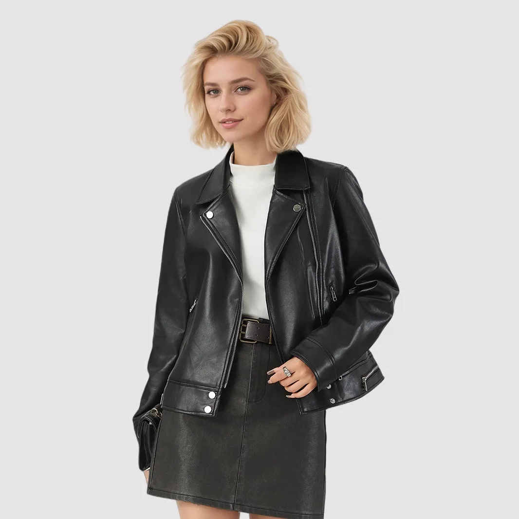 Simple Black Faux Leather Moto Jacket Zip Up Turn Down Collar Long Sleeve Pockets Slim Fit Short Streetwear Outerwear Warm Coats