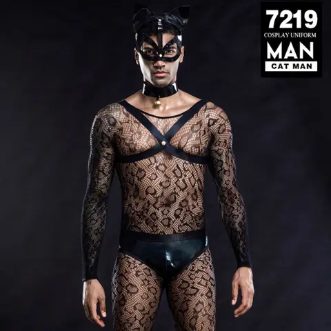 Heren Cosplay Kat Uniform met Staart Rollenspel Sexy Mesh Gay Bar Dansvoorstelling Outfits Gay Kat Oormasker Sex Volwassen Kostuums