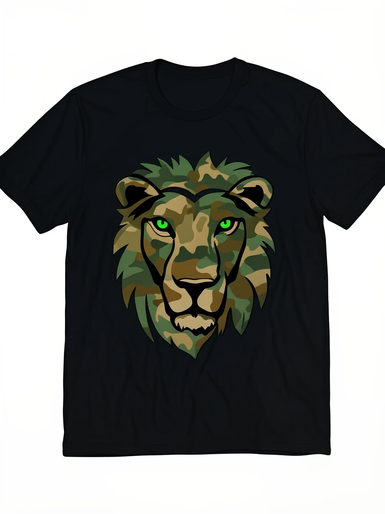 Men's camouflage lion T-shirt, featuring a green, brown, beige, and black camouflage pattern, this short-sleeved round-neck T-shirt is available in various sizes and is perfect for outdoor activities