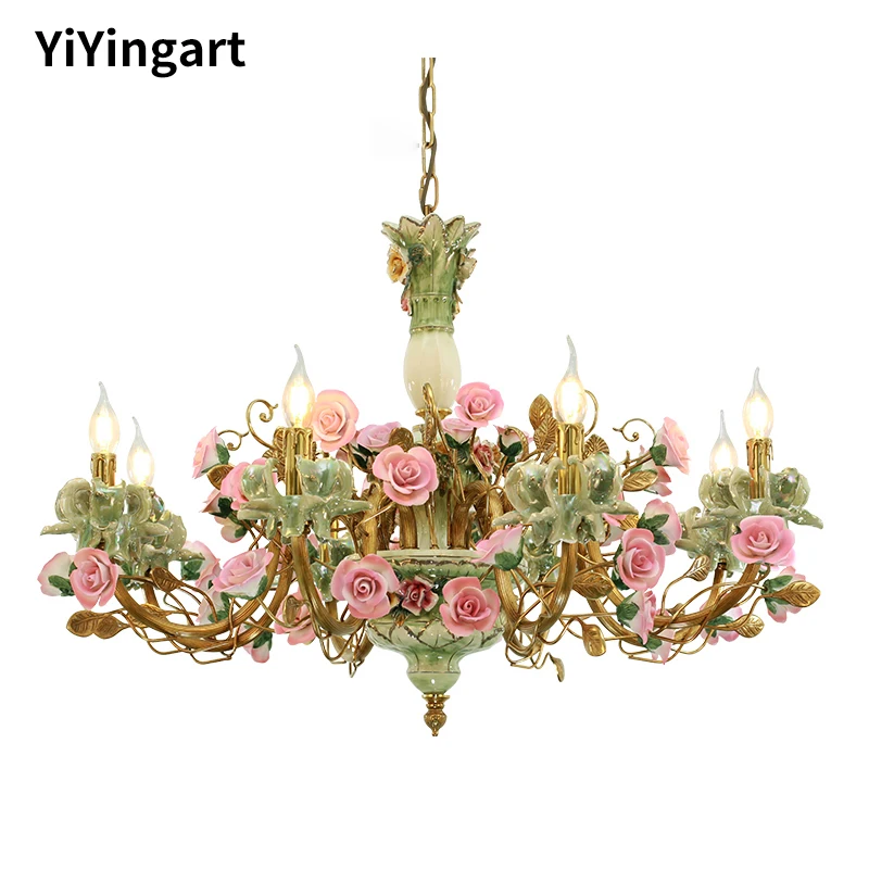 French all copper chandelier pastoral flowers European Ceramic villa living room bedroom creative lamps