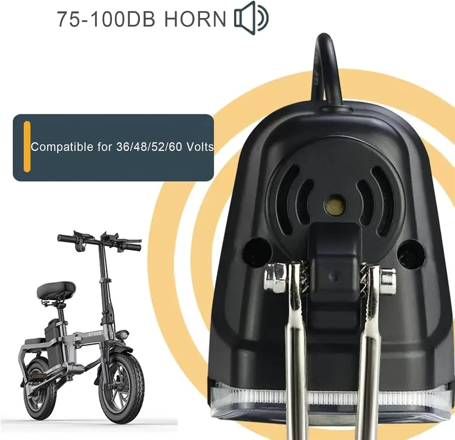 36V-60V ebike front LED headlight, 3-pin connector, built-in horn, frame mount for electric commuter & mountain bikes