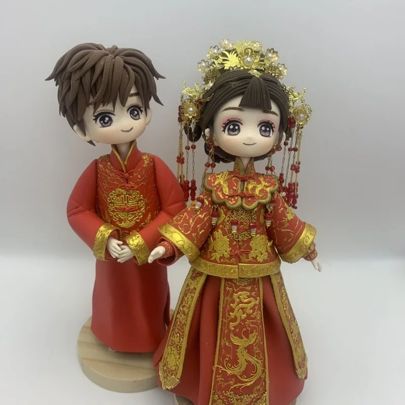 National style new Chinese hanfu, wedding dress phoenix crown charcoal clay bride baby figure antique national tide