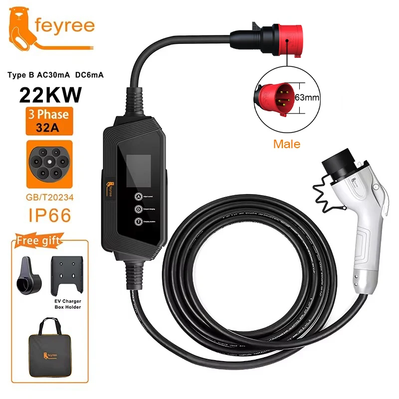 feyree 22KW 32A 3Phase Portable EV Charger GBT Socket Fast Charging Current Adjustable for Electric Car Charger Charging Station