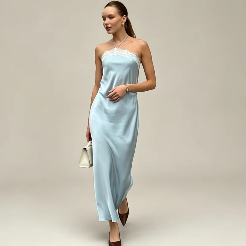 Vestido Largo de Satén con Encaje y Cuello Halter para Mujer, Espalda Abierta con Lazos, Elegante Vestido Largo para Invitadas de Boda, Vacaciones, Fiestas, Citas