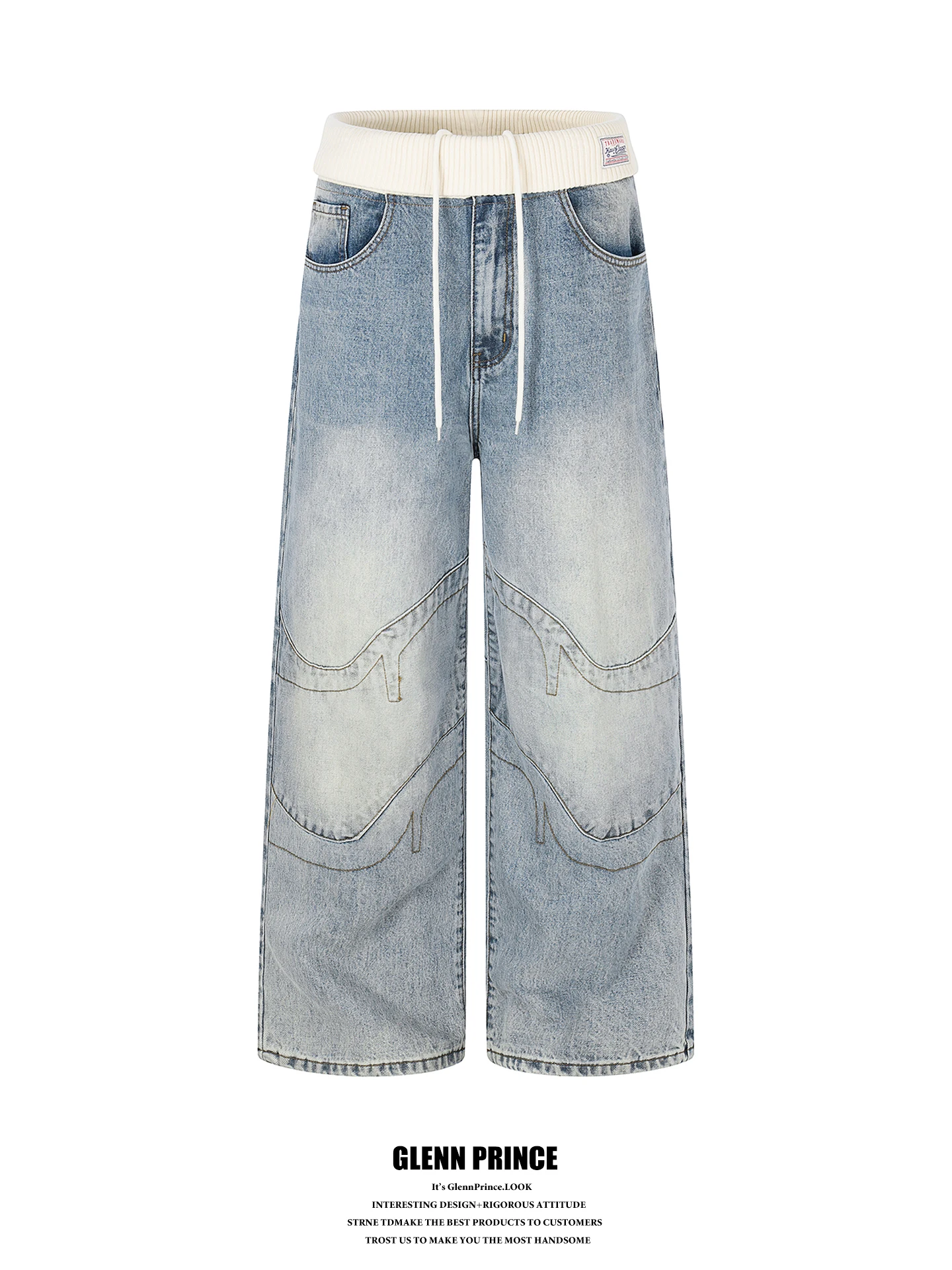 

GPstudio Trendy Embroidered Washed Jeans Men's Loose Straight Leg Jeans Heavy Embroidery Cuffed Waist Design Casual Cotton Jeans